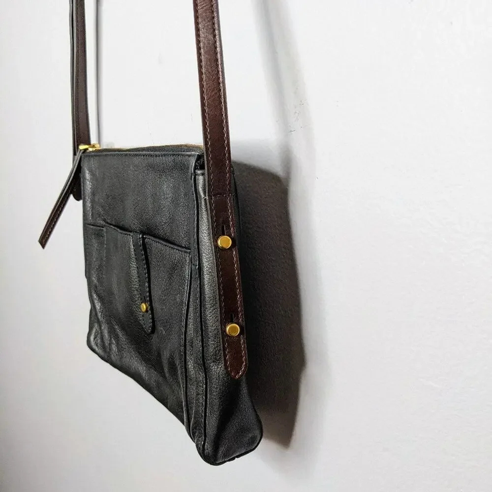 Fossil Black Gold Leather Zip Top Crossbody Bag